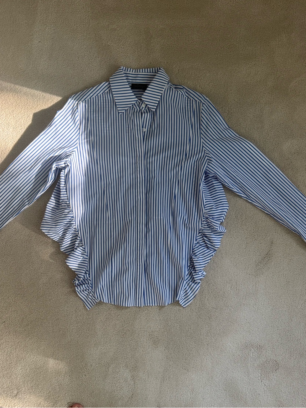 Petersyn Blue and White Striped Ruffle-Side Dress Shirt, Cropped